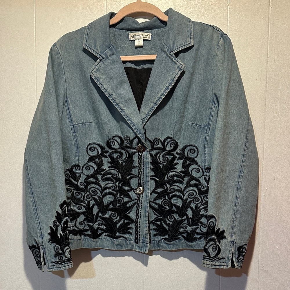 Coldwater Creek denim jacket black embroidery size p14